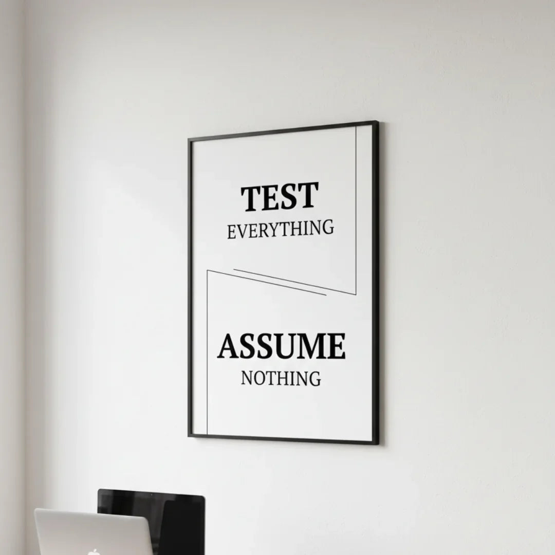 Test Everything. Assume Nothing. | Framed Wall Art for Media Buyers, Agencies